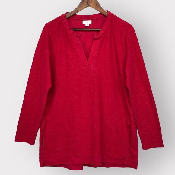 J. Jill‎ Textured-Knit Elliptical Tunic Top Women Size M Red Long Sleeve V-Neck - Picture 1 of 13